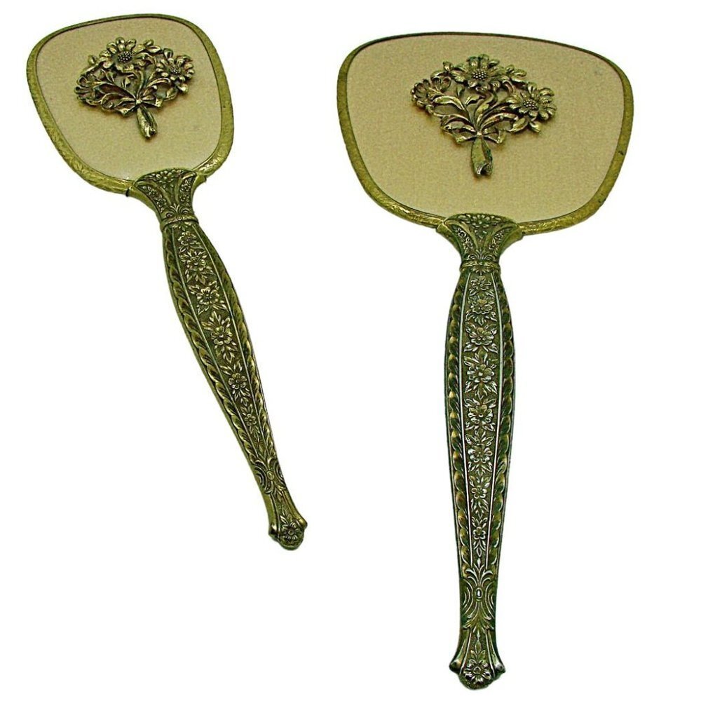 Vintage Matson Floral Hand Mirror & Hairbrush Vanity Dresser Set Gold/Brass 2 pc